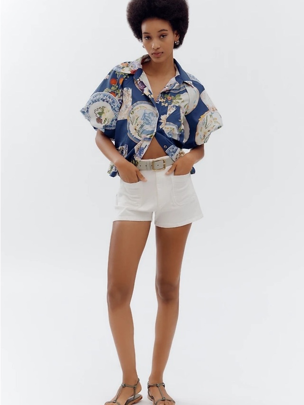 Anthropologie Maeve Navy Blue Floral & Fruit China Print Shirt